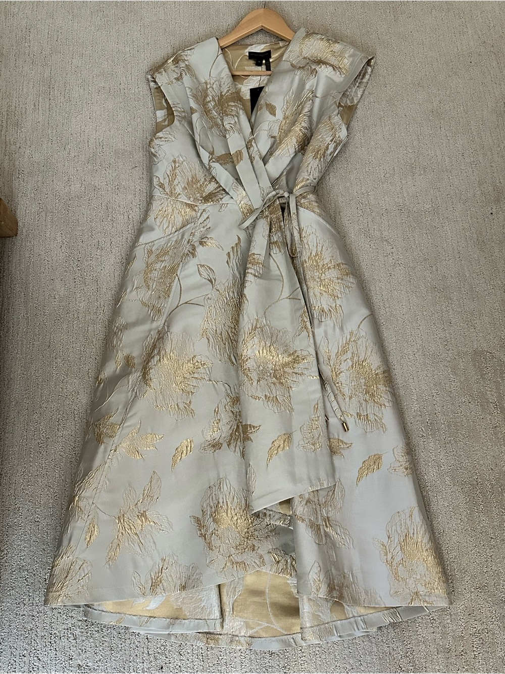 NWT Donna Karan Ivory Gold Floral Jacquard Wrap Midi Dress - Size 12